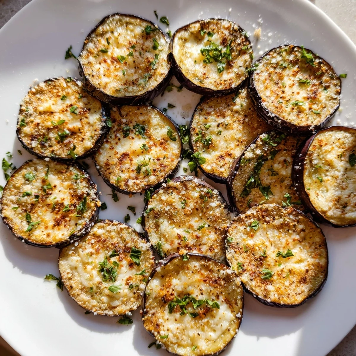 Crispy Mediterranean roasted eggplant and Parmesan crisps garnished with fresh herbs and lemon wedges on a platter.