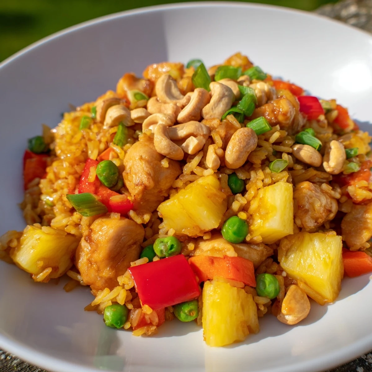 Stir-fried Pineapple Chicken Fried Rice with Cashews showcases colorful vegetables and tender chicken in a steamy wok.