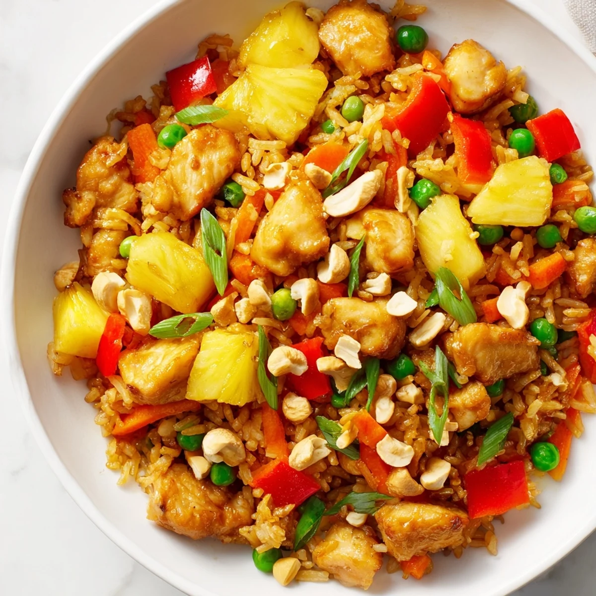 The vibrant Pineapple Chicken Fried Rice with Cashews is served with fresh lime wedges on a rustic table.