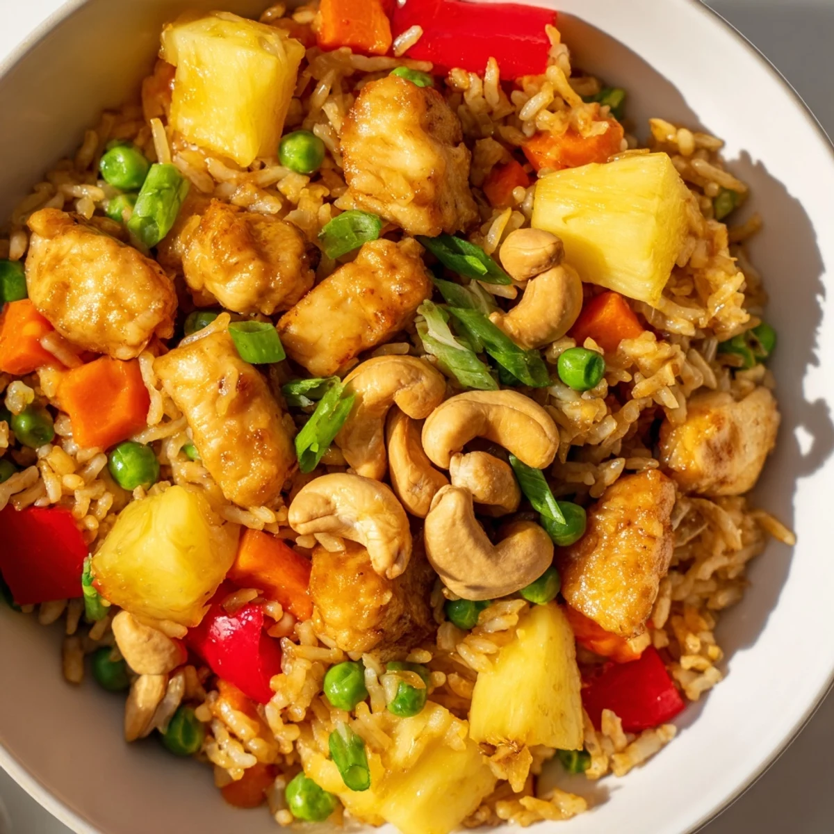 A close-up shows Pineapple Chicken Fried Rice with Cashews piled high, garnished with green onions and chopped cashews.