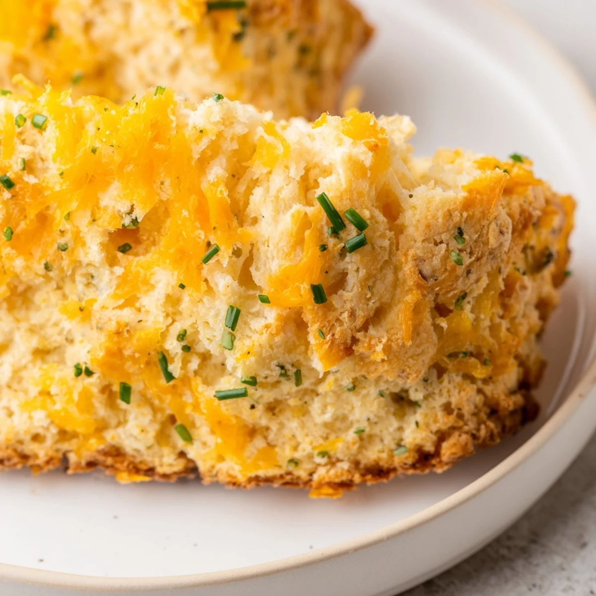 A rustic Savory Cheddar & Chive Irish Soda Bread on a wooden board, with a knife beside fresh chives and a bowl of butter.  
