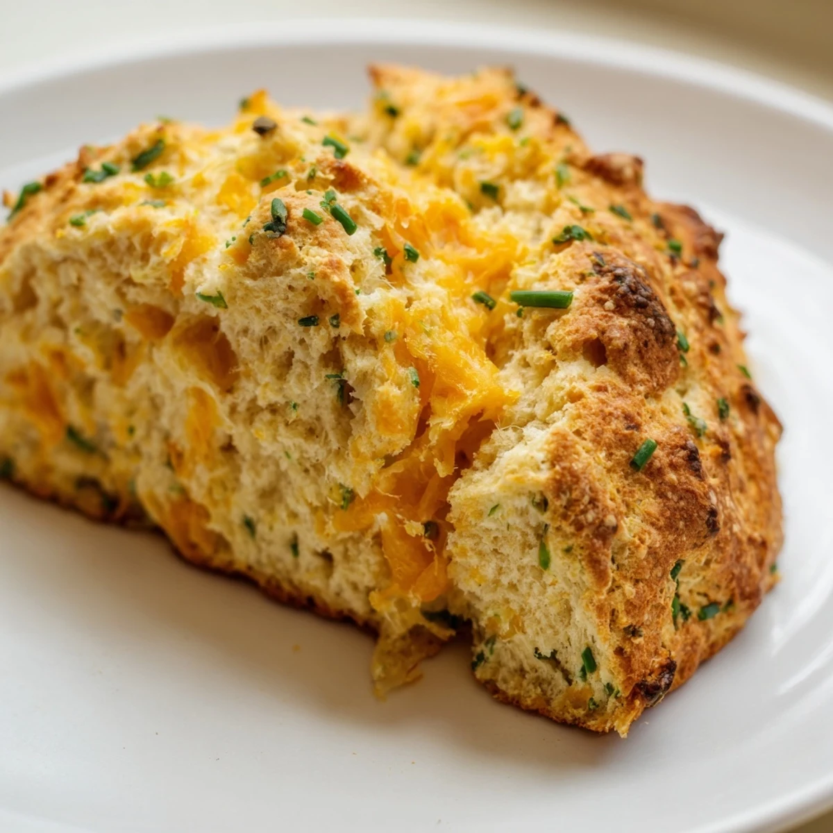 The freshly baked Savory Cheddar & Chive Irish Soda Bread shows a tender interior and speckled green herbs on top.