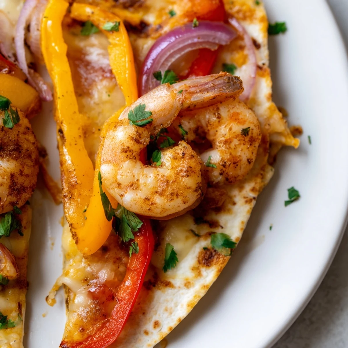 Golden-brown Shrimp Fajita Sheet Pan Quesadillas fresh from the oven, filled with juicy shrimp, roasted peppers, and melted Mexican cheese blend.