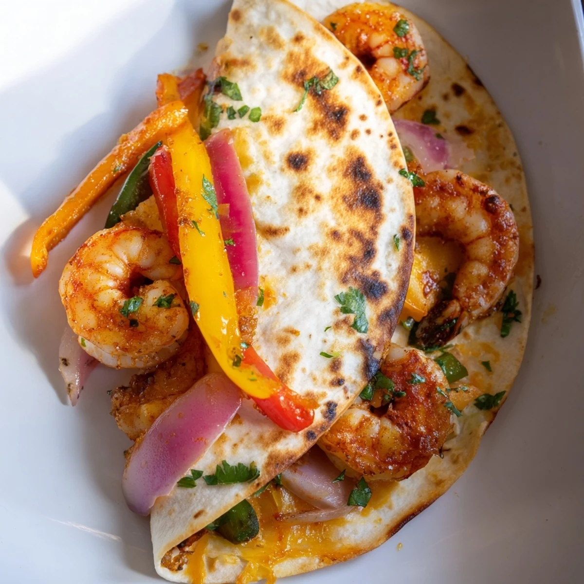 Sizzling Shrimp Fajita Sheet Pan Quesadillas wedges served with creamy avocado slices, tangy sour cream, and a lime wedge for squeezing.