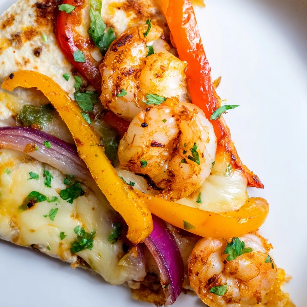 Close-up of baked Shrimp Fajita Sheet Pan Quesadillas showing crispy tortilla edges and a colorful filling of seasoned shrimp and bell peppers.