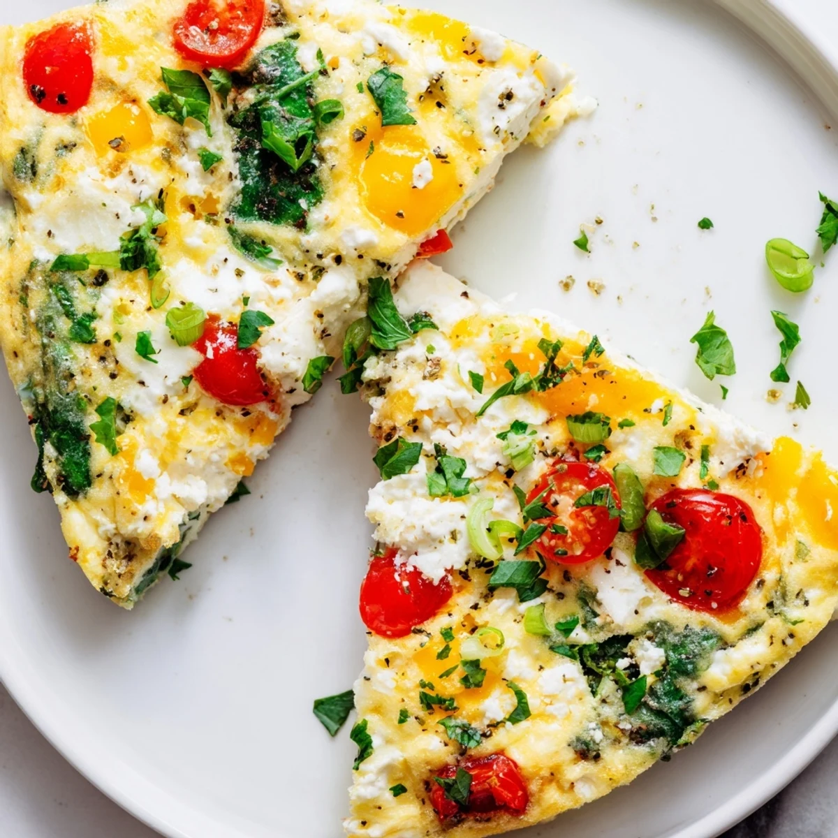 A slice of warm Simple Cottage Cheese Frittata, loaded with spinach and tomatoes, on a white plate.