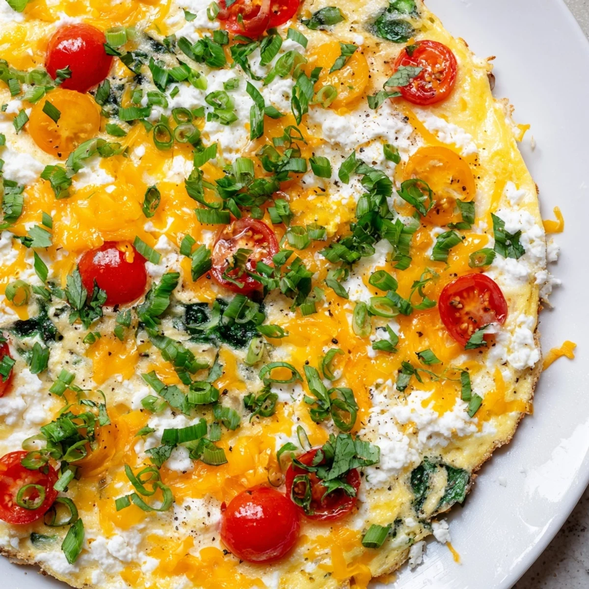 Freshly baked Simple Cottage Cheese Frittata served with a green salad on a rustic wooden table.