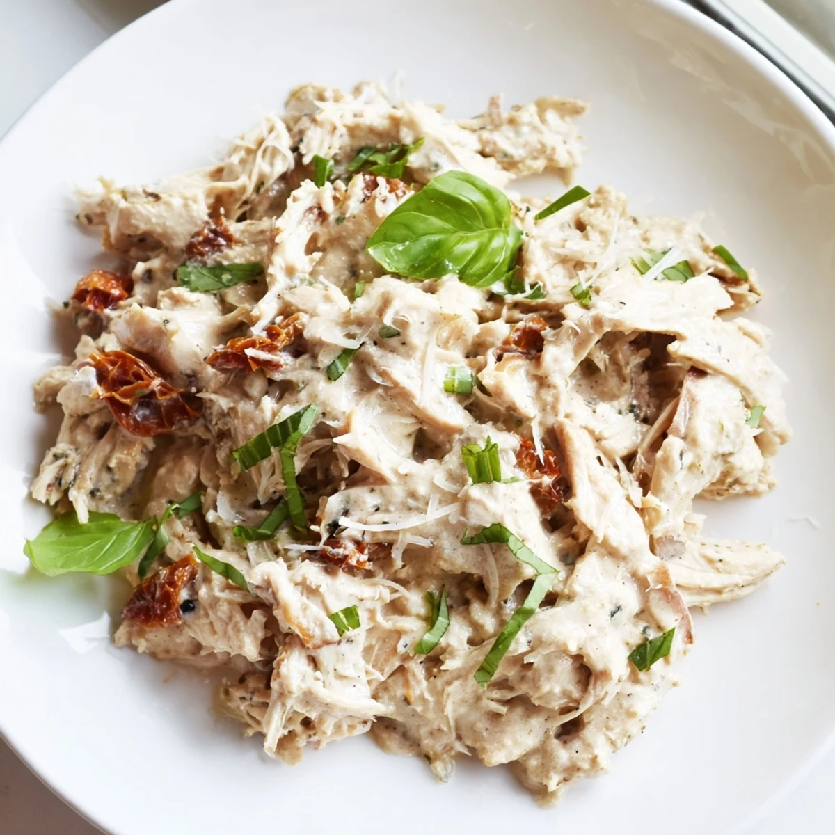 Marry Me High Protein Crockpot Chicken garnished with fresh basil and parsley.