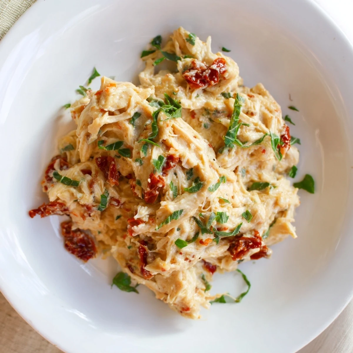 Sun-dried tomatoes and parmesan enrich this Marry Me High Protein Crockpot Chicken.