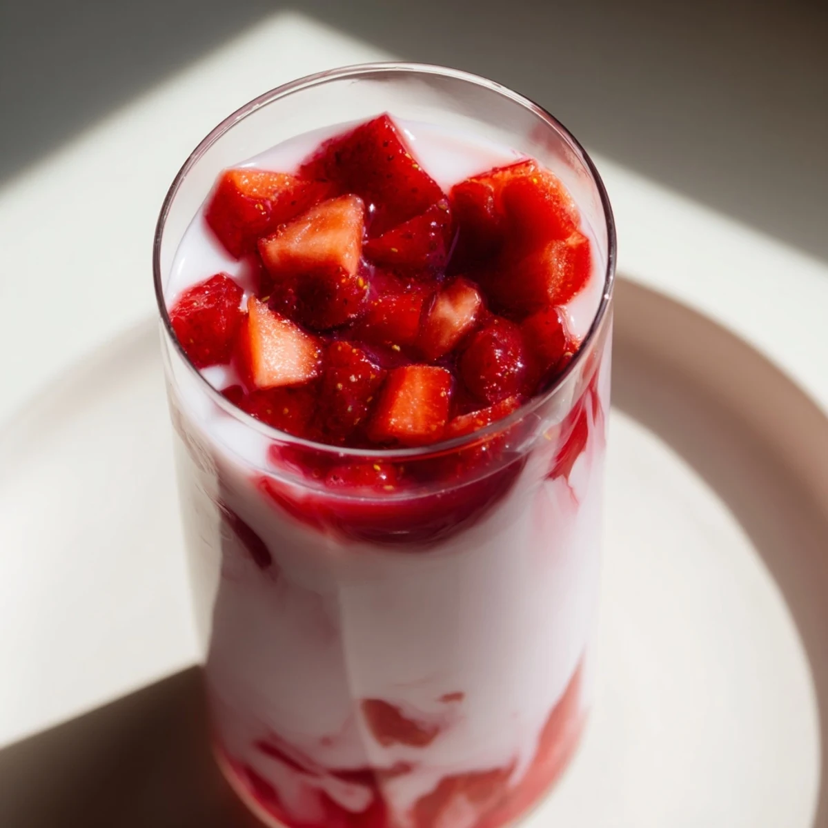 Creamy Cafe Style Korean Strawberry Milk layered with bright red strawberry sauce and fresh slices in a tall glass.