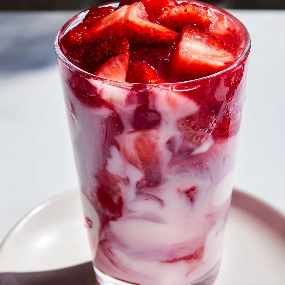 Tall glass of Cafe Style Korean Strawberry Milk showing swirled pink milk and ice cubes for a refreshing sip.