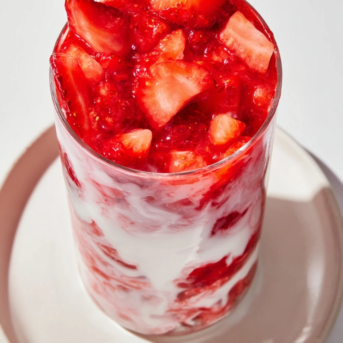 Homemade Cafe Style Korean Strawberry Milk garnished with fresh strawberry slices and a sweet syrupy swirl, ready to serve.