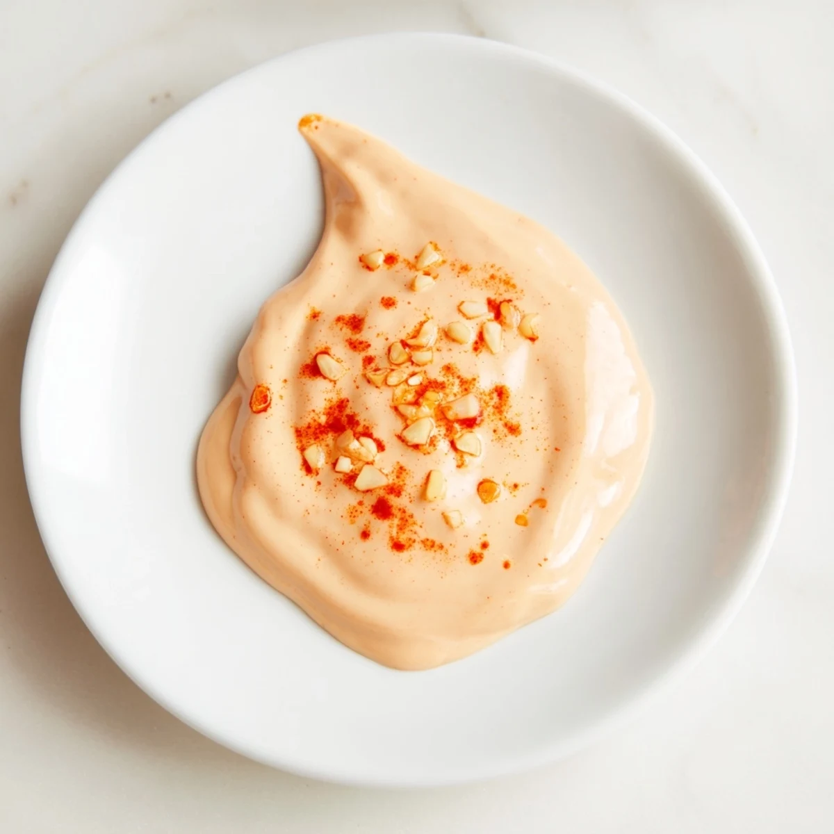 Spicy Aioli drizzled over grilled chicken, with a creamy texture and visible flecks of minced garlic.  