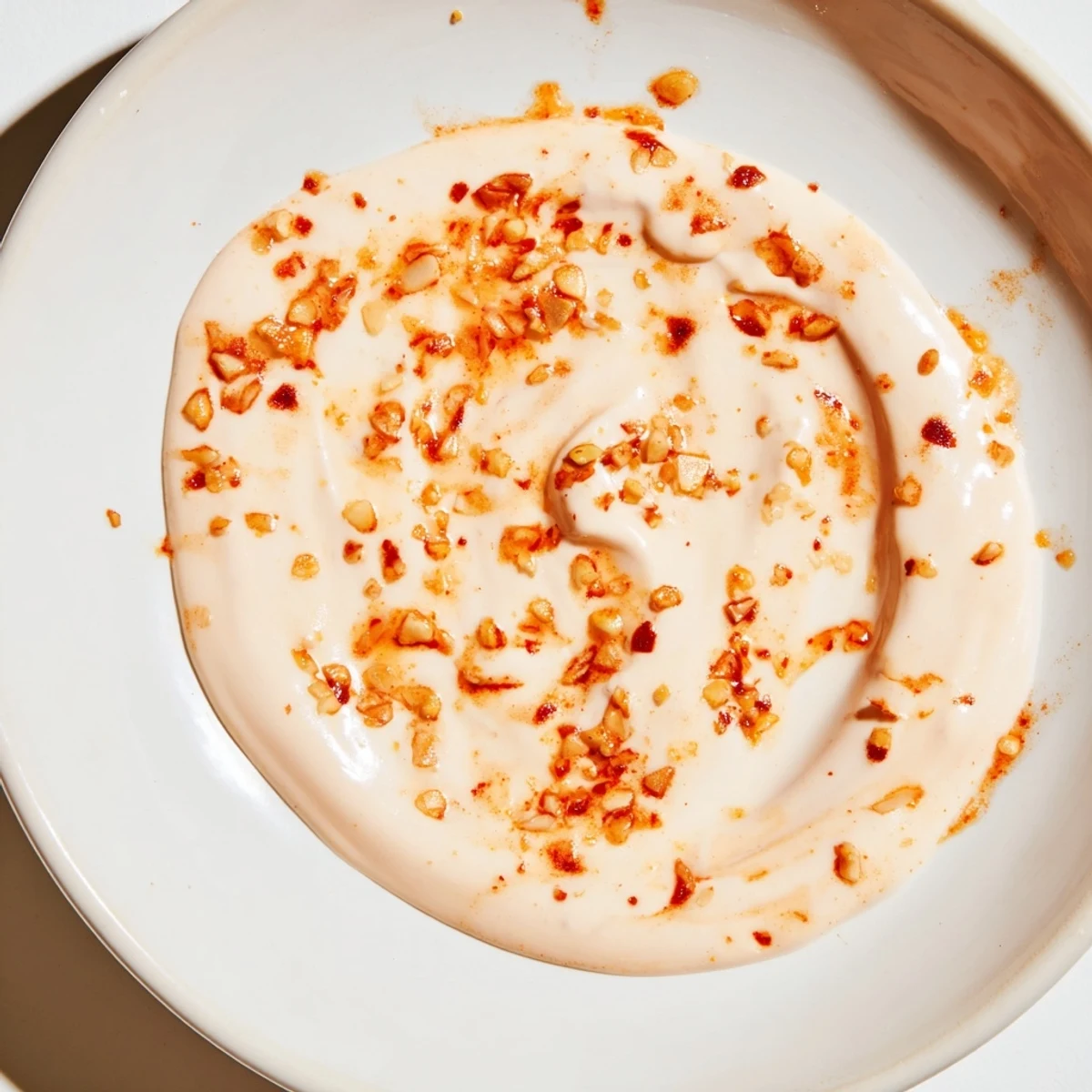 Close-up of Spicy Aioli in a rustic bowl, garnished with smoked paprika and fresh lemon zest.  