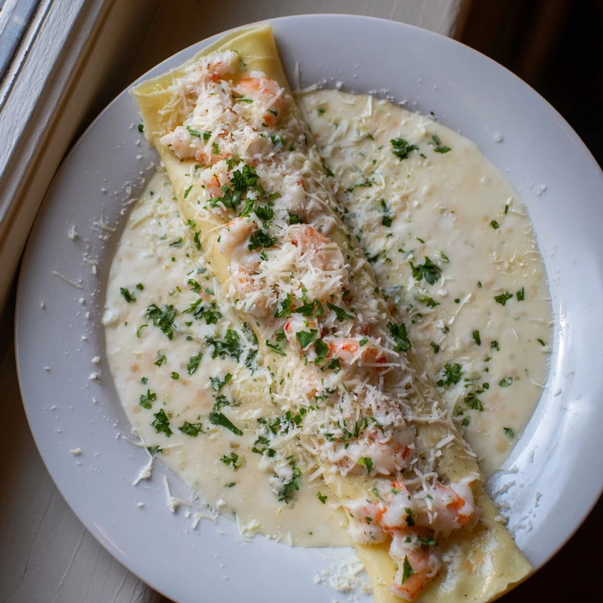A close-up of golden Gourmet Seafood Crêpes filled with shrimp and crab, smothered in creamy béchamel sauce on a white plate.