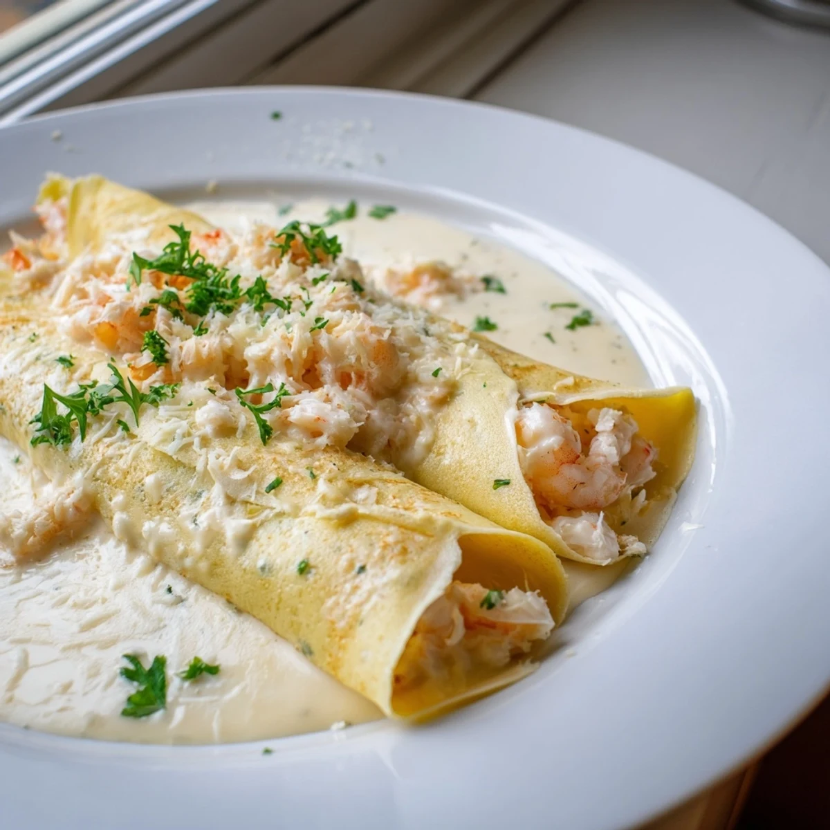 A gourmet seafood crêpe dish featuring tender crab and shrimp filling, draped in béchamel and topped with grated Gruyère cheese for serving.