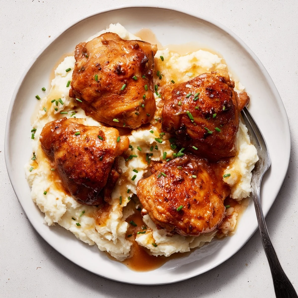 Golden-brown chipotle honey chicken thighs glazed with smoky sweetness rest atop creamy smoked Gouda mashed potatoes.  