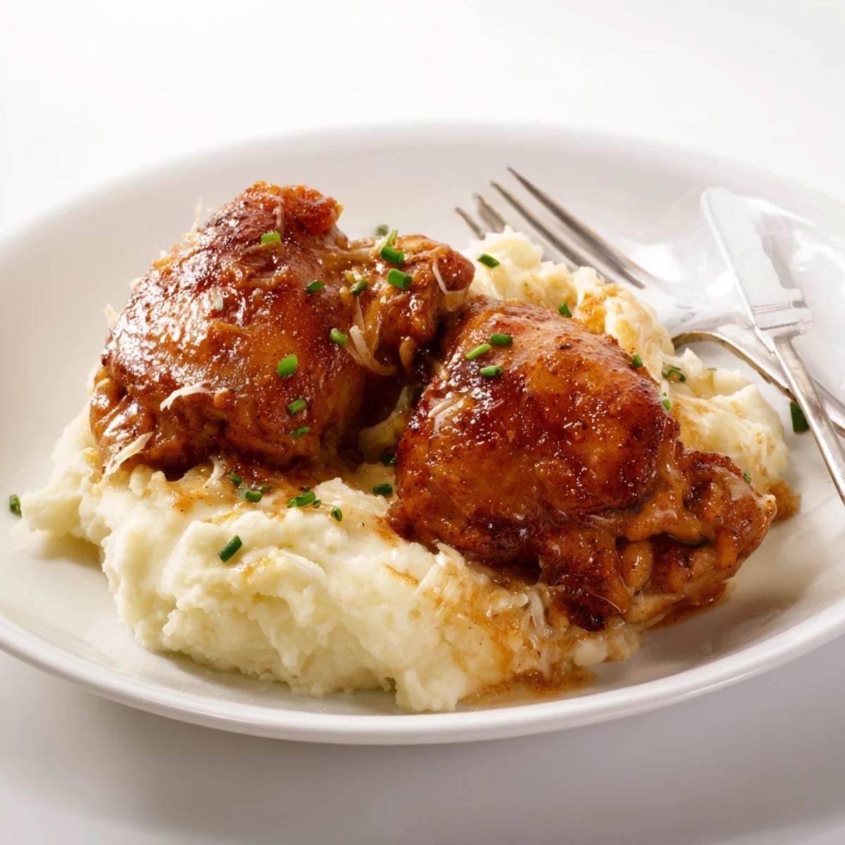 Tender chipotle honey chicken thighs with crispy skin beside a bowl of velvety smoked Gouda potatoes.  