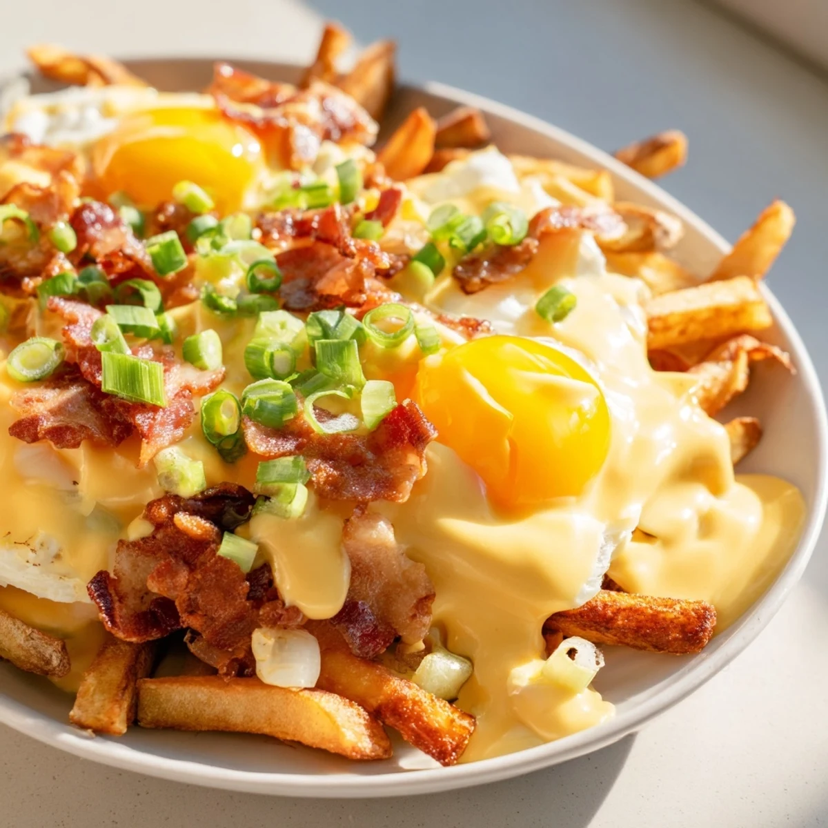 Serve Ultimate Breakfast Poutine hot from the oven with eggs sunny-side up, plenty of Hollandaise, and a side of sparkling brunch drinks.