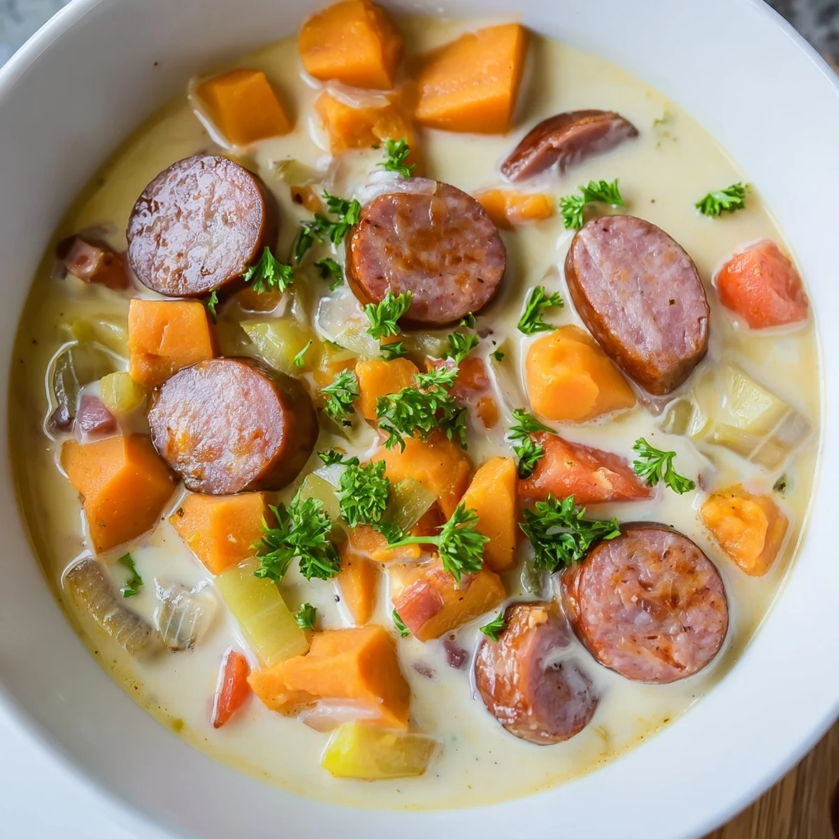 Creamy sweet potato and sausage soup served hot with crusty gluten-free bread.