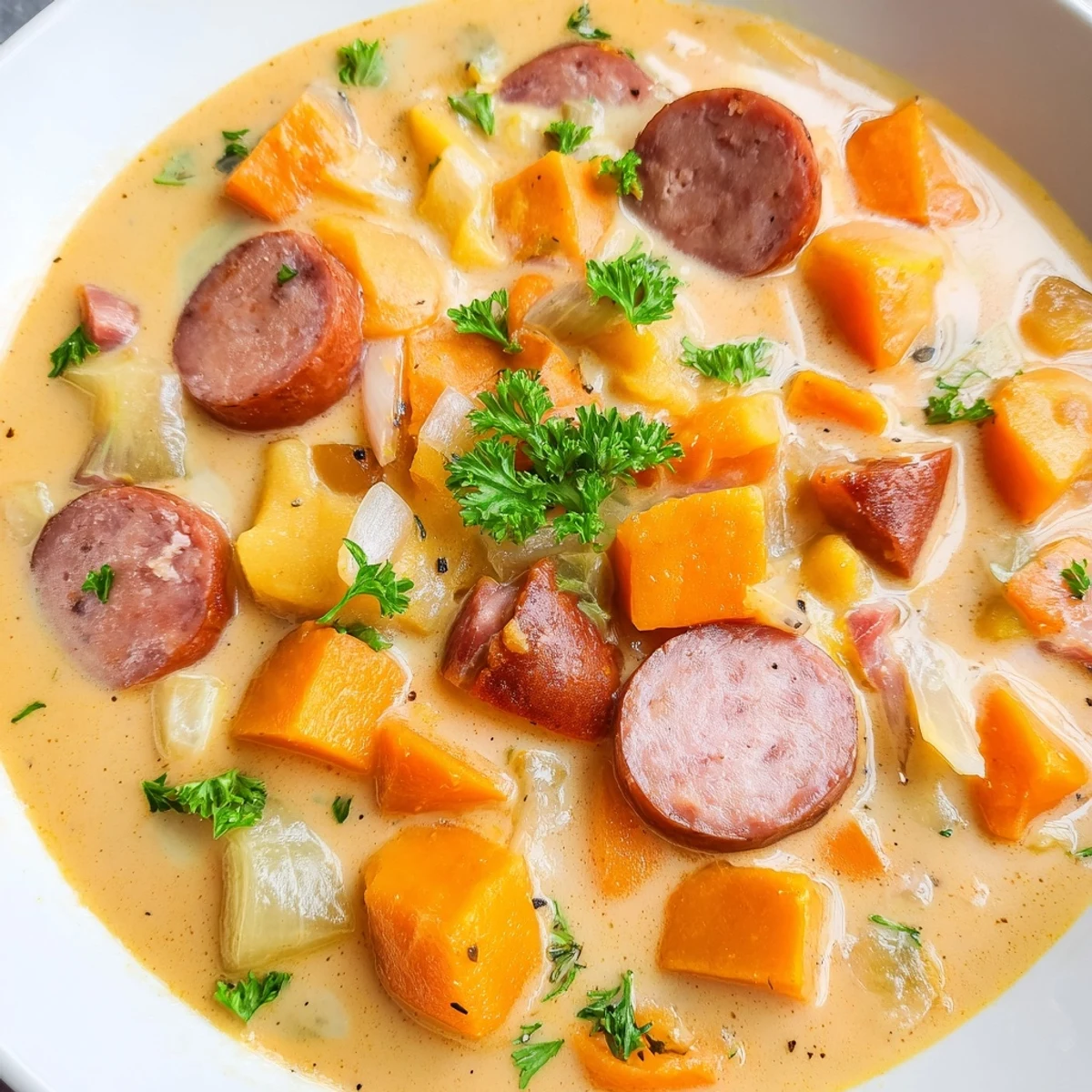 A bowl of creamy sweet potato and sausage soup garnished with fresh parsley.
