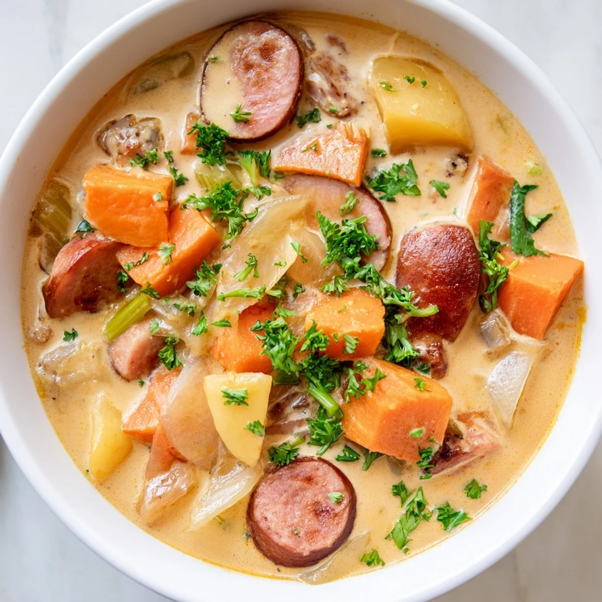 Close-up of velvety sweet potato and sausage soup with carrots and celery.