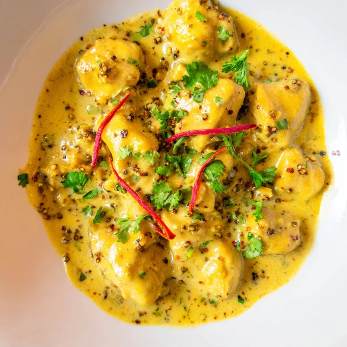 Golden creamy mango chicken curry served over fluffy basmati rice with fresh cilantro garnish.