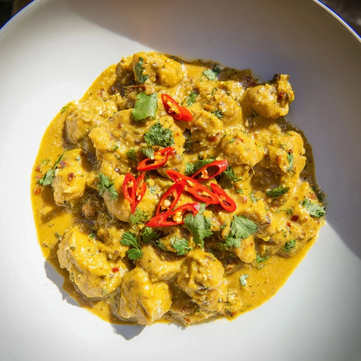 Steaming skillet of mango chicken curry bubbling with tender chicken in a rich coconut sauce.