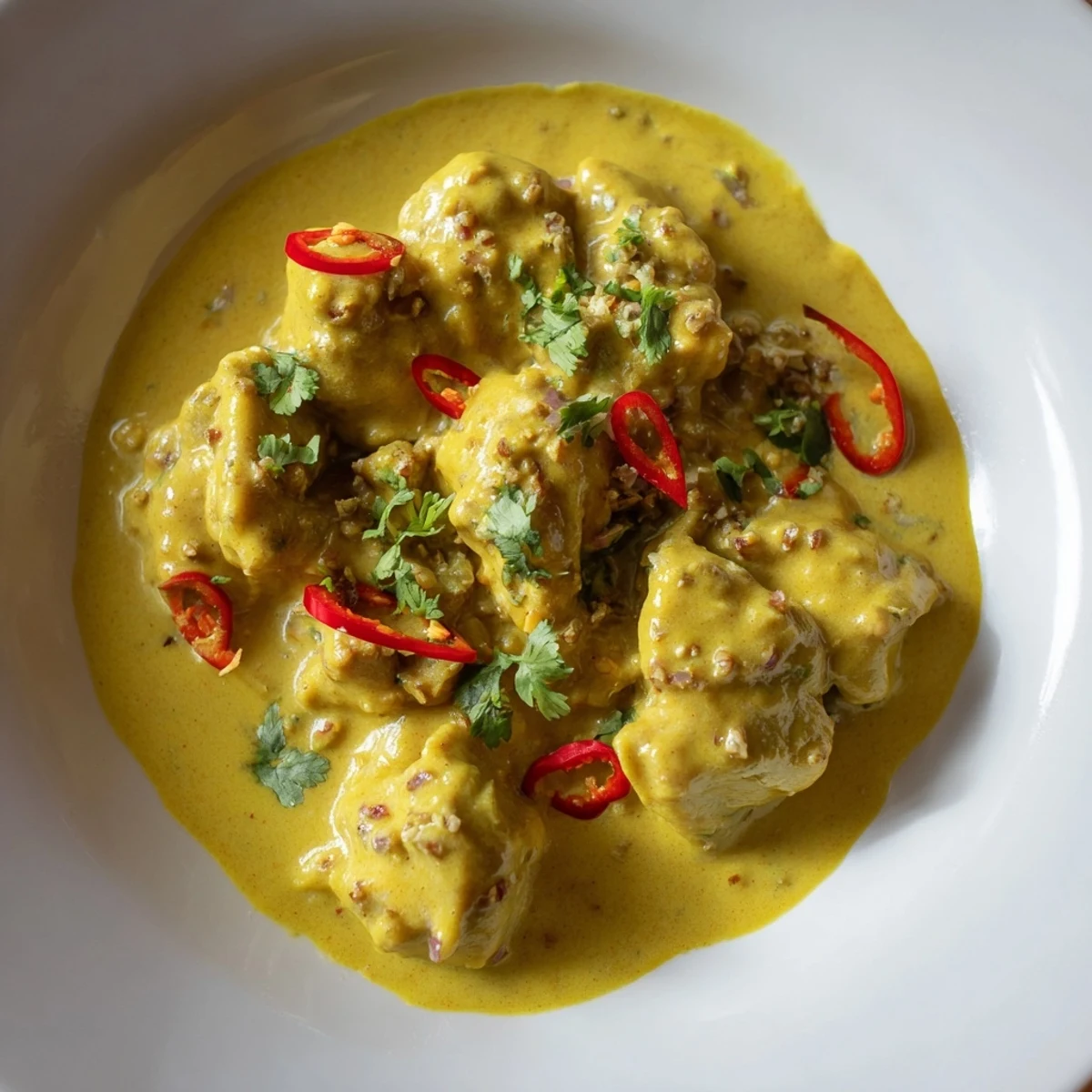 Sizzling mango chicken curry topped with red chili slices, ready to serve alongside warm naan.