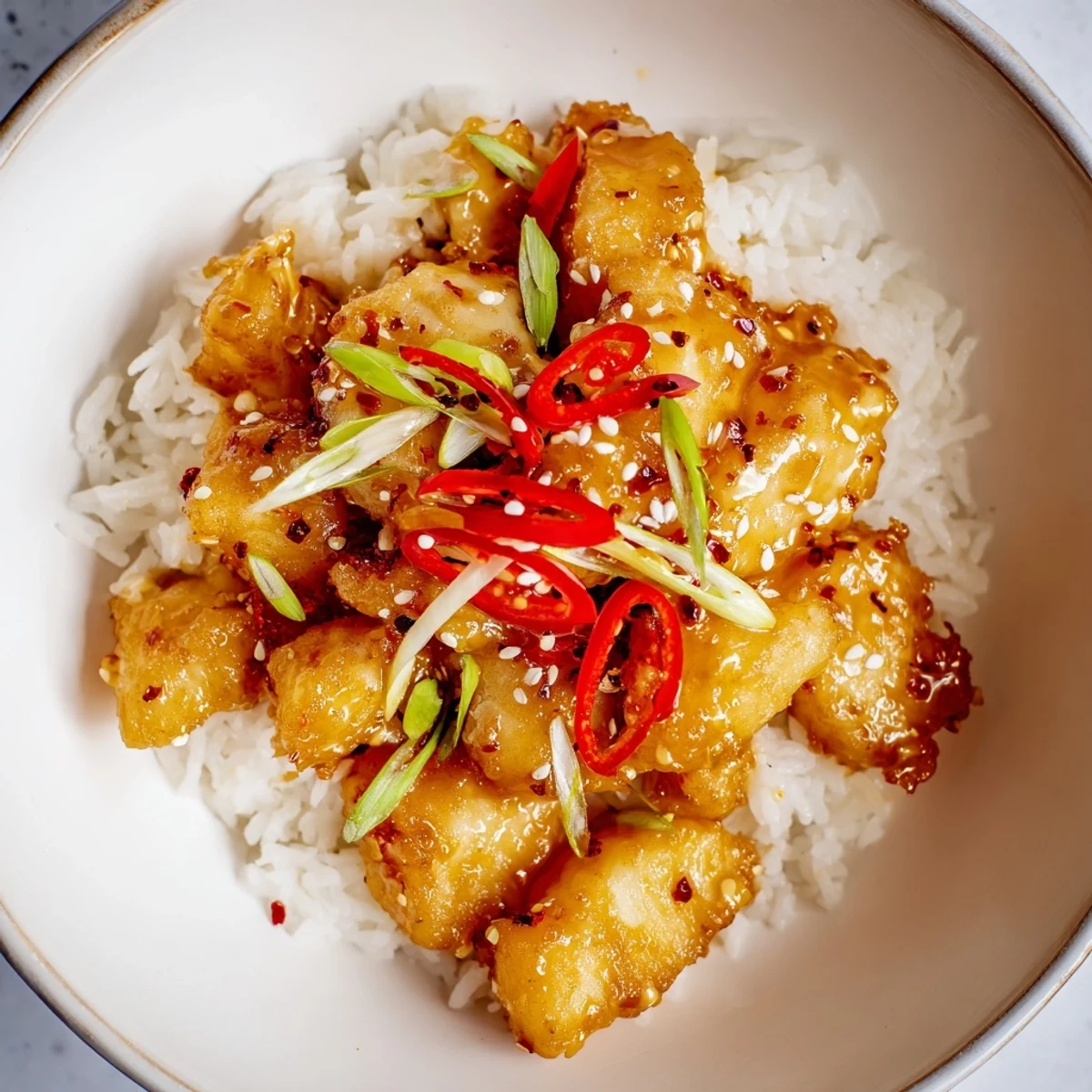 Golden fried cod strips glisten with sweet and spicy glaze beside fluffy white rice and vibrant chili-garlic drizzle.