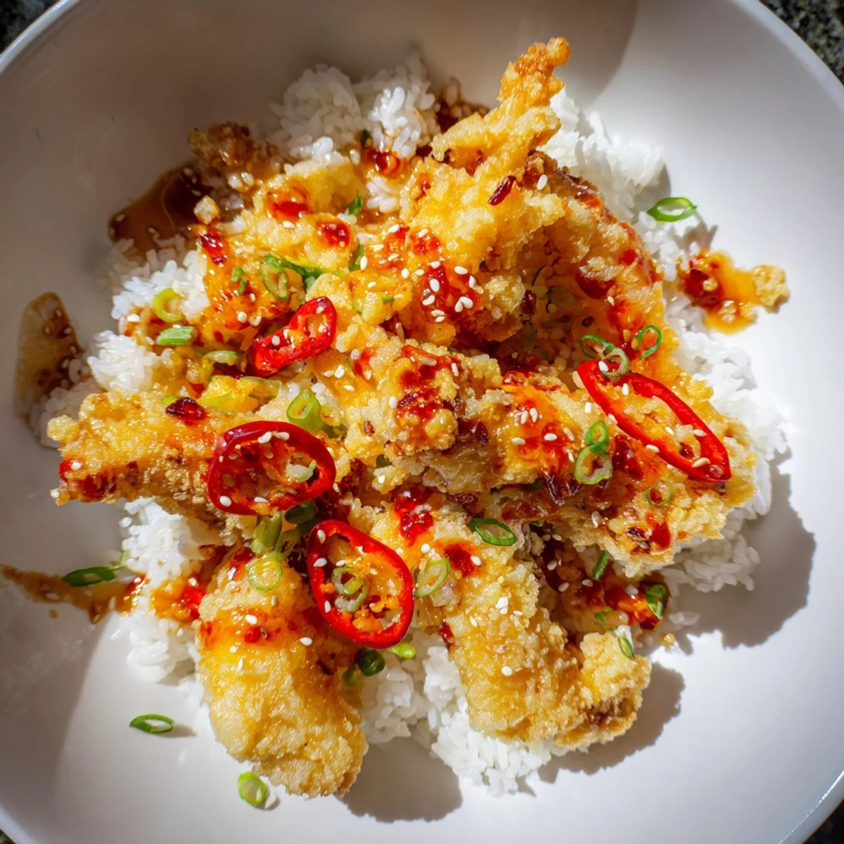 Fragrant jasmine rice and crispy glazed cod strips are topped with a zesty chili-garlic oil in this dish.