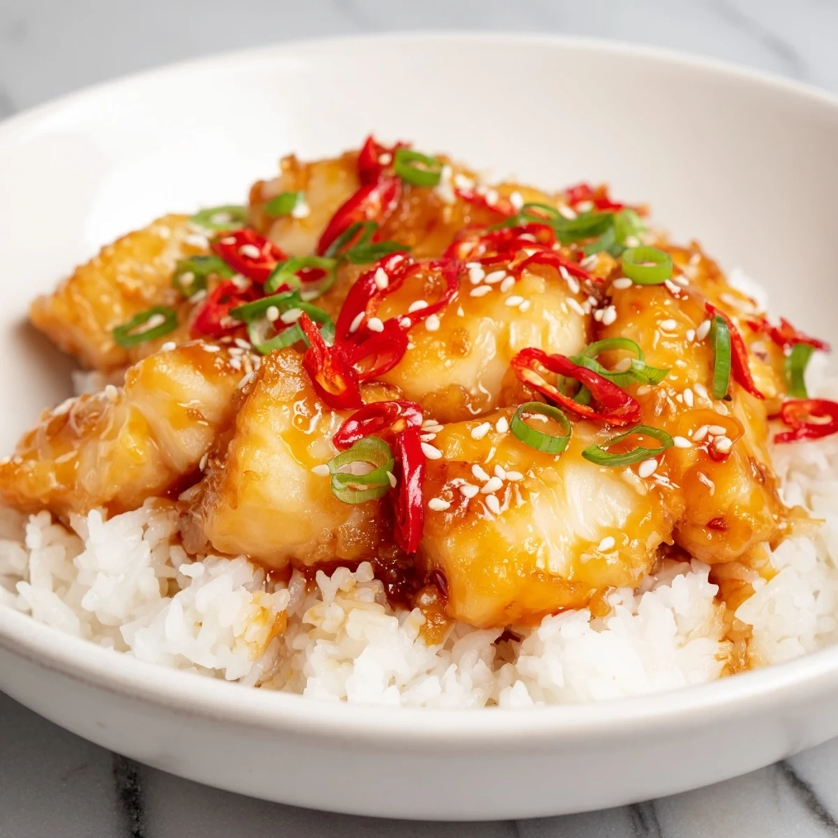 Tender cod strips served over steaming rice with a colorful chili-garlic drizzle and fresh garnishes on top.