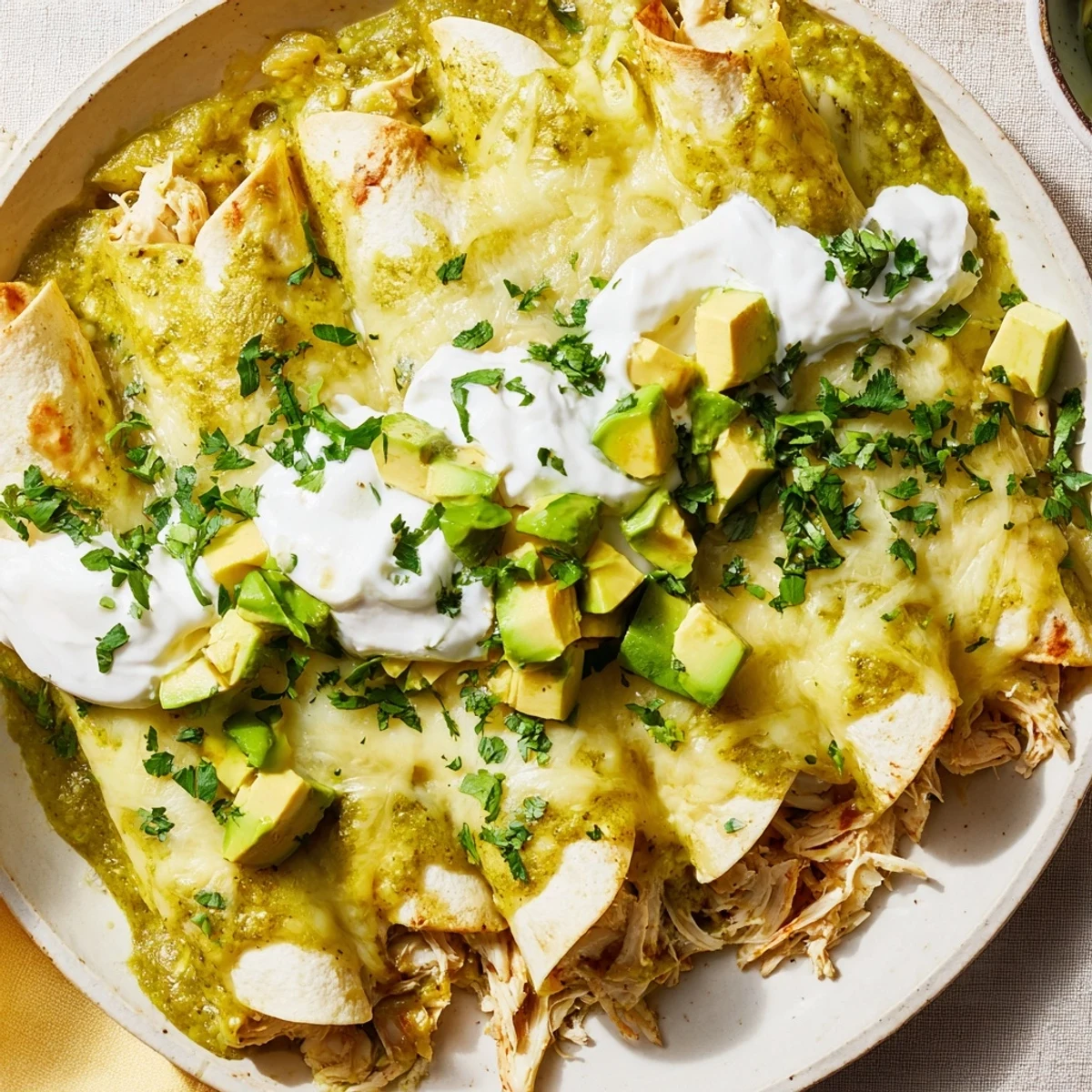 Golden, bubbly Monterey Jack cheese blankets soft corn tortillas filled with tender shredded chicken and tangy green enchilada sauce in a baking dish.