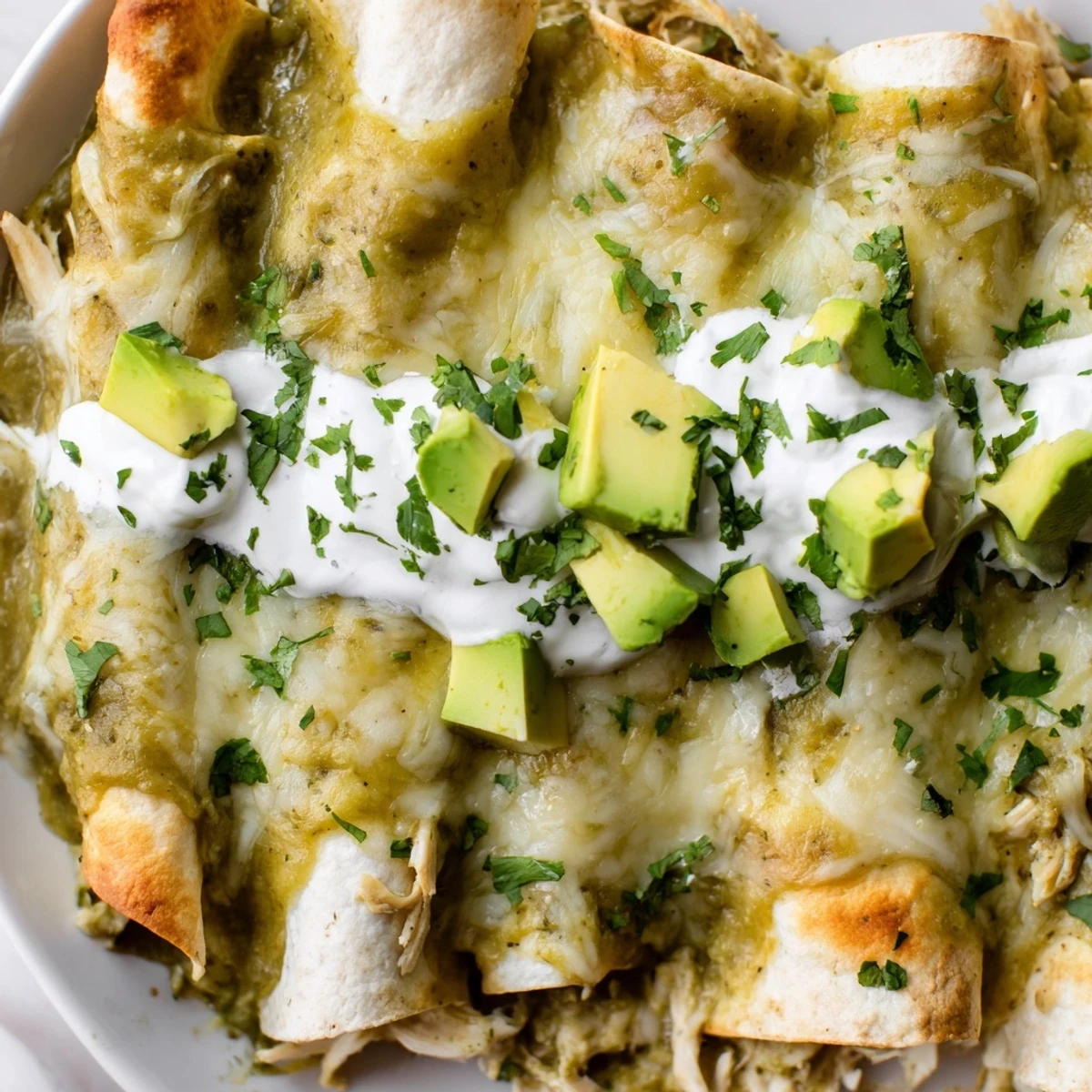Steam rises from baked Green Enchiladas With Chicken as colorful garnishes like cilantro and avocado add fresh texture to this comforting Mexican-inspired meal.