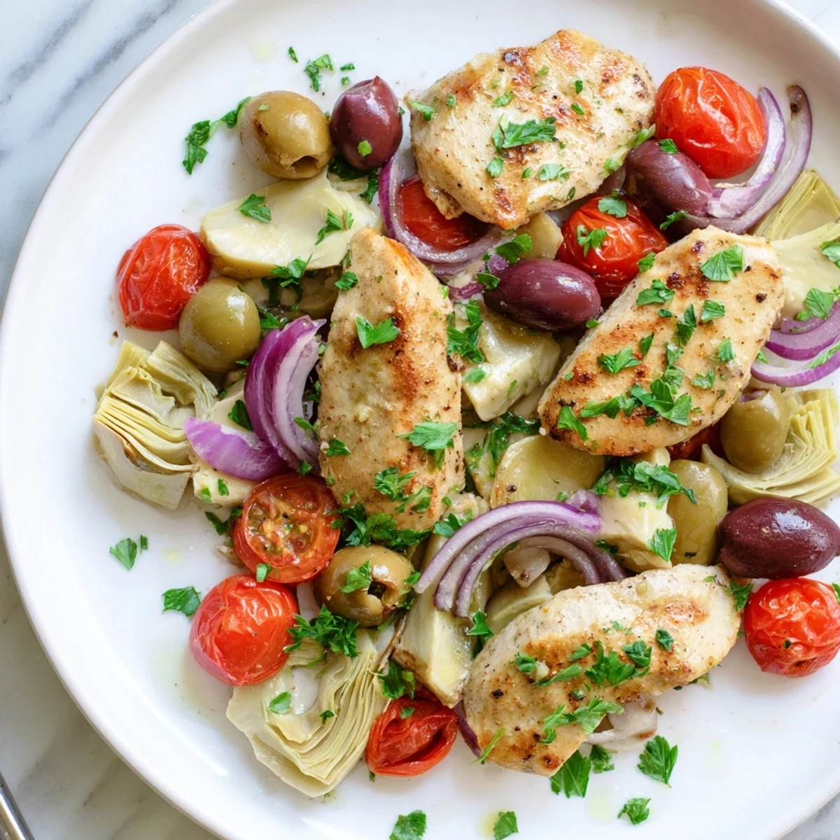 Golden seared chicken breasts baked in a skillet with artichokes, olives, and a bright lemon sauce.