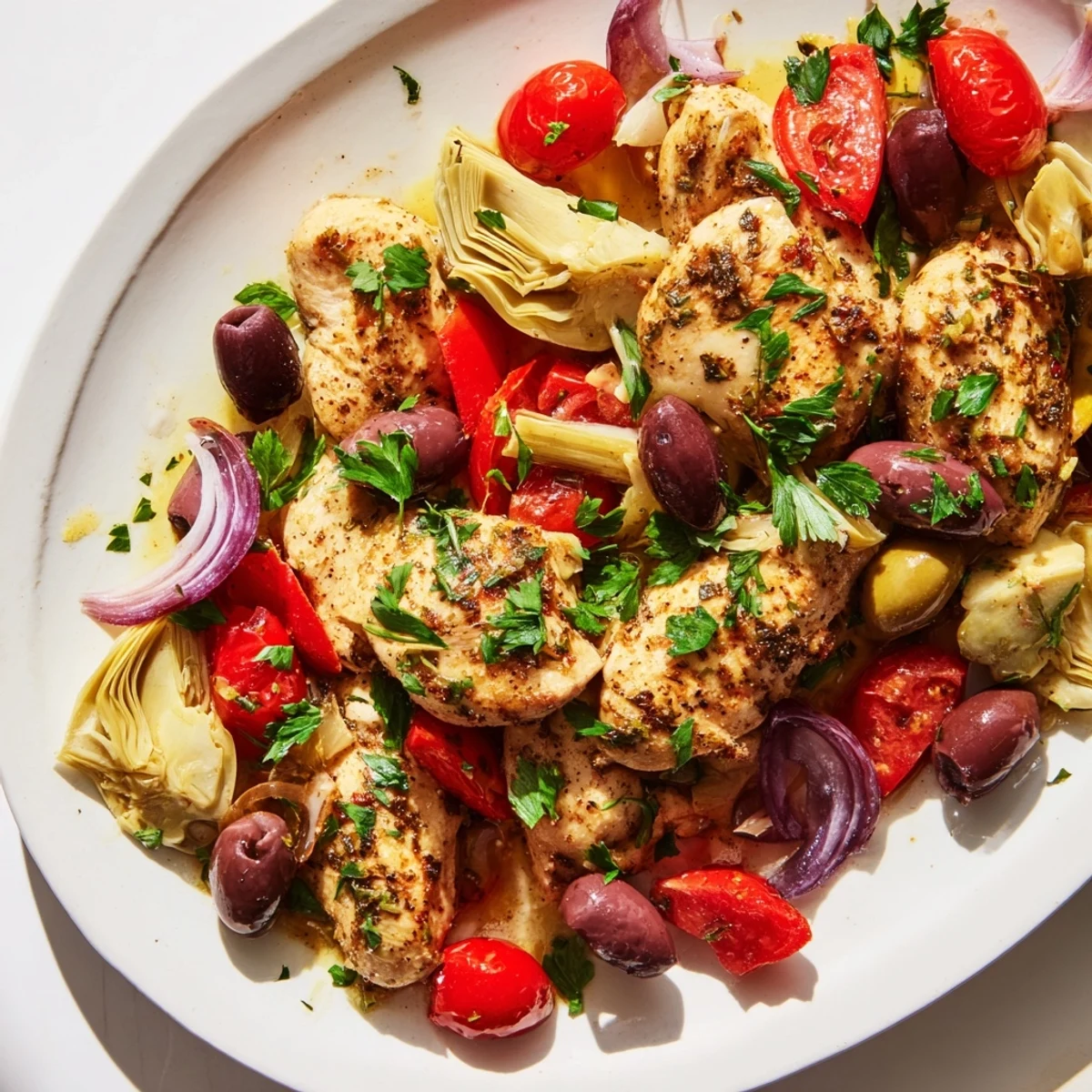 Mediterranean Lemon Chicken with Artichokes and Olives served with fresh parsley and cherry tomatoes.