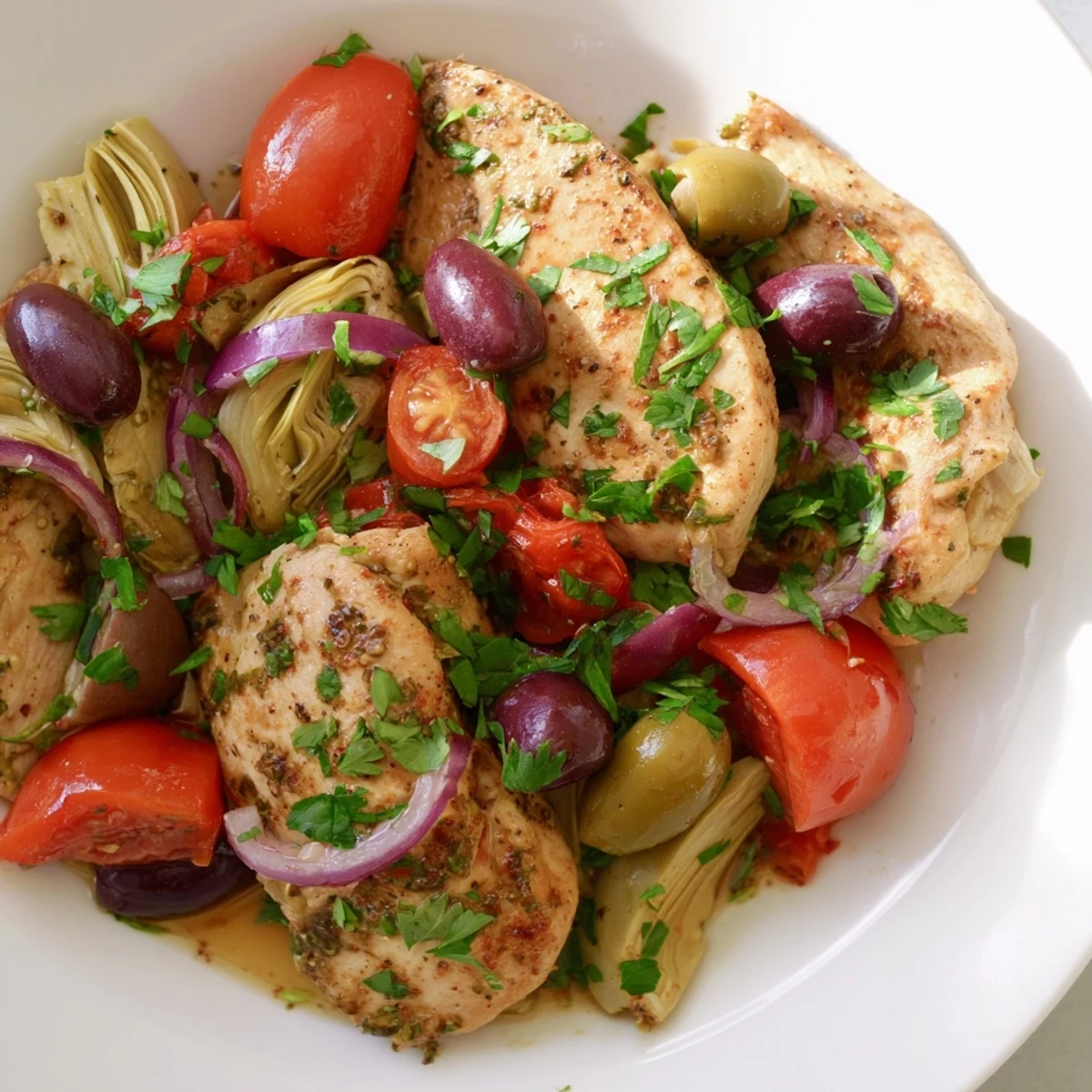 A vibrant low carb dinner featuring Mediterranean Lemon Chicken with Artichokes and Olives in a savory pan sauce.