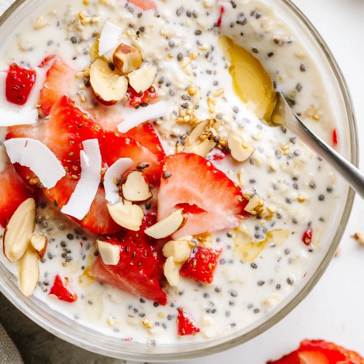 This wholesome breakfast jar of Strawberry Overnight Oats is layered with creamy oats and diced strawberries.