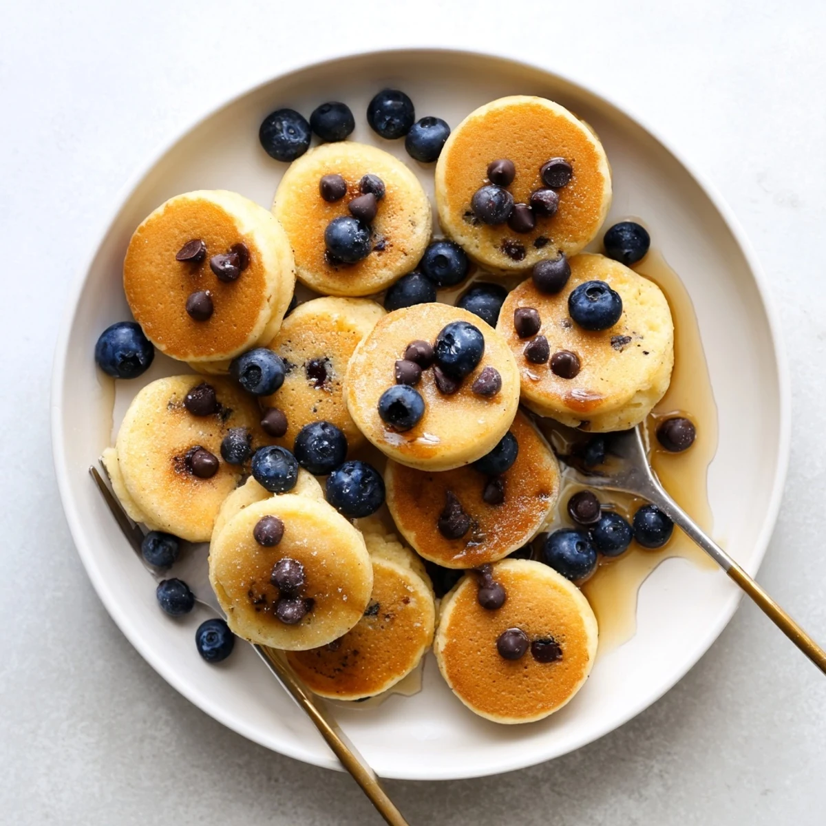 Golden-brown Pancake Poppers sprinkled with powdered sugar on a rustic wooden board beside a drizzle of warm maple syrup.  
