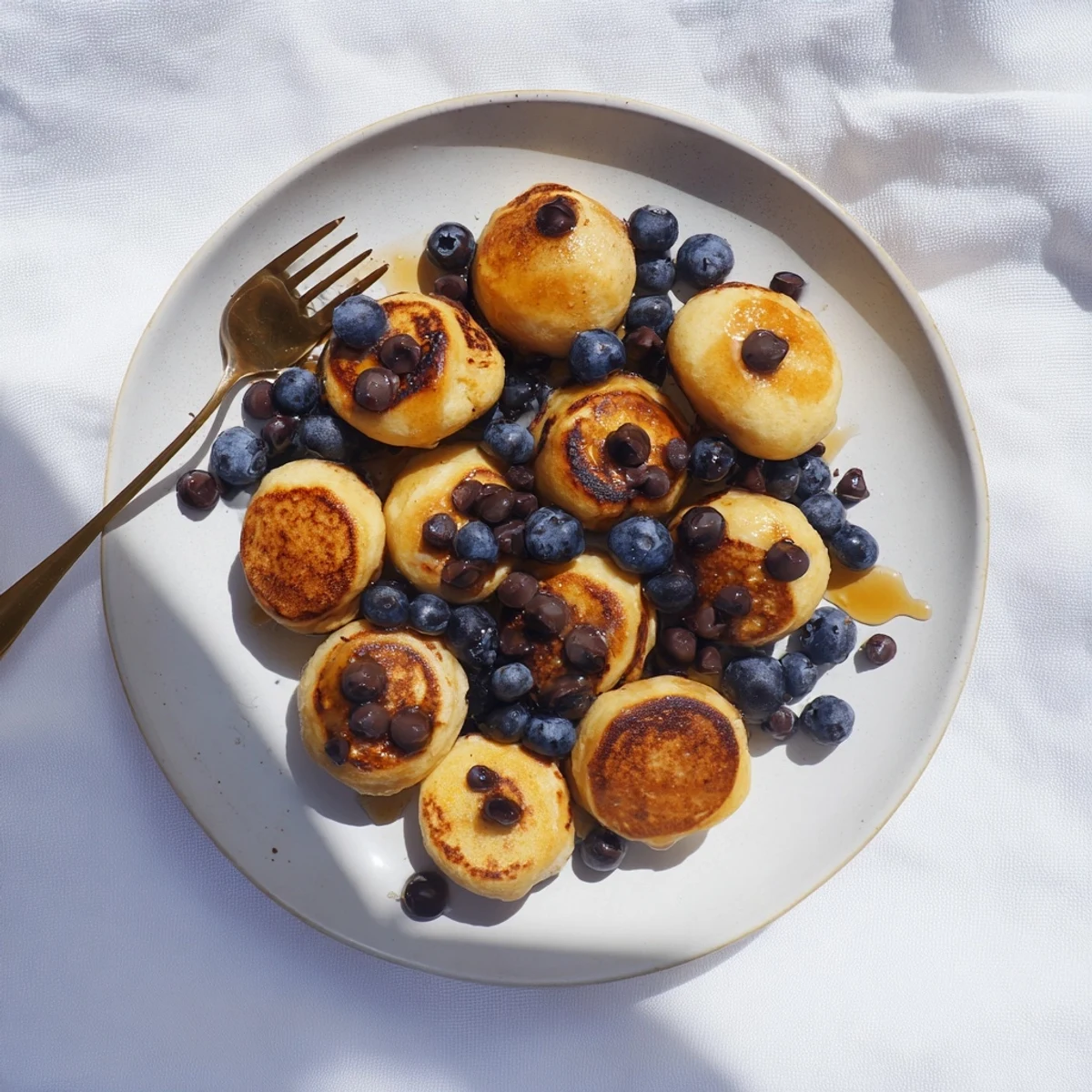 Freshly baked mini Pancake Poppers with blueberries inside, served in a white bowl with whipped cream.  