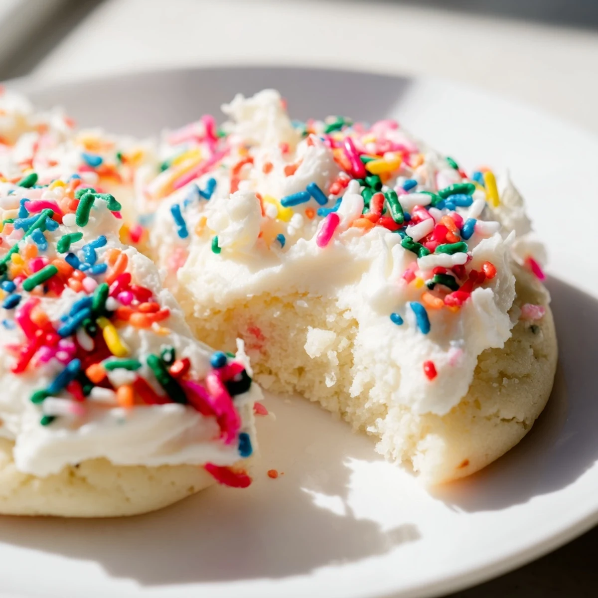 Golden Soft Sour Cream Sugar Cookies With Cream Cheese Frosting are stacked high, with pink frosting and sparkling sugar on top.