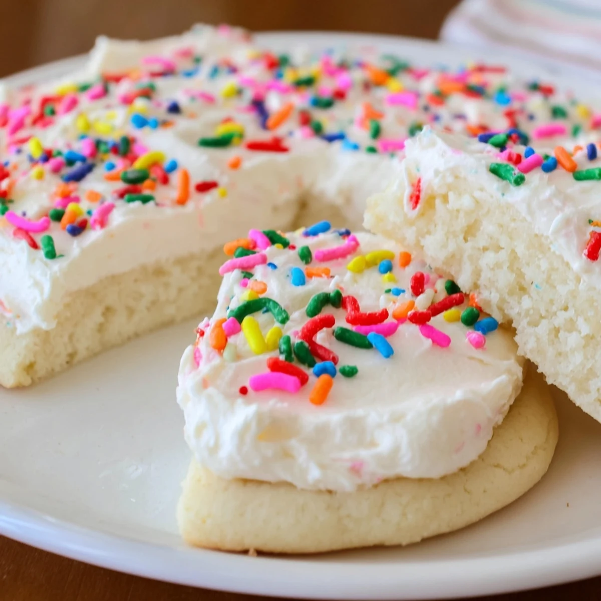 Close-up of Soft Sour Cream Sugar Cookies With Cream Cheese Frosting showing smooth, creamy swirls and soft, pillowy cookie edges.