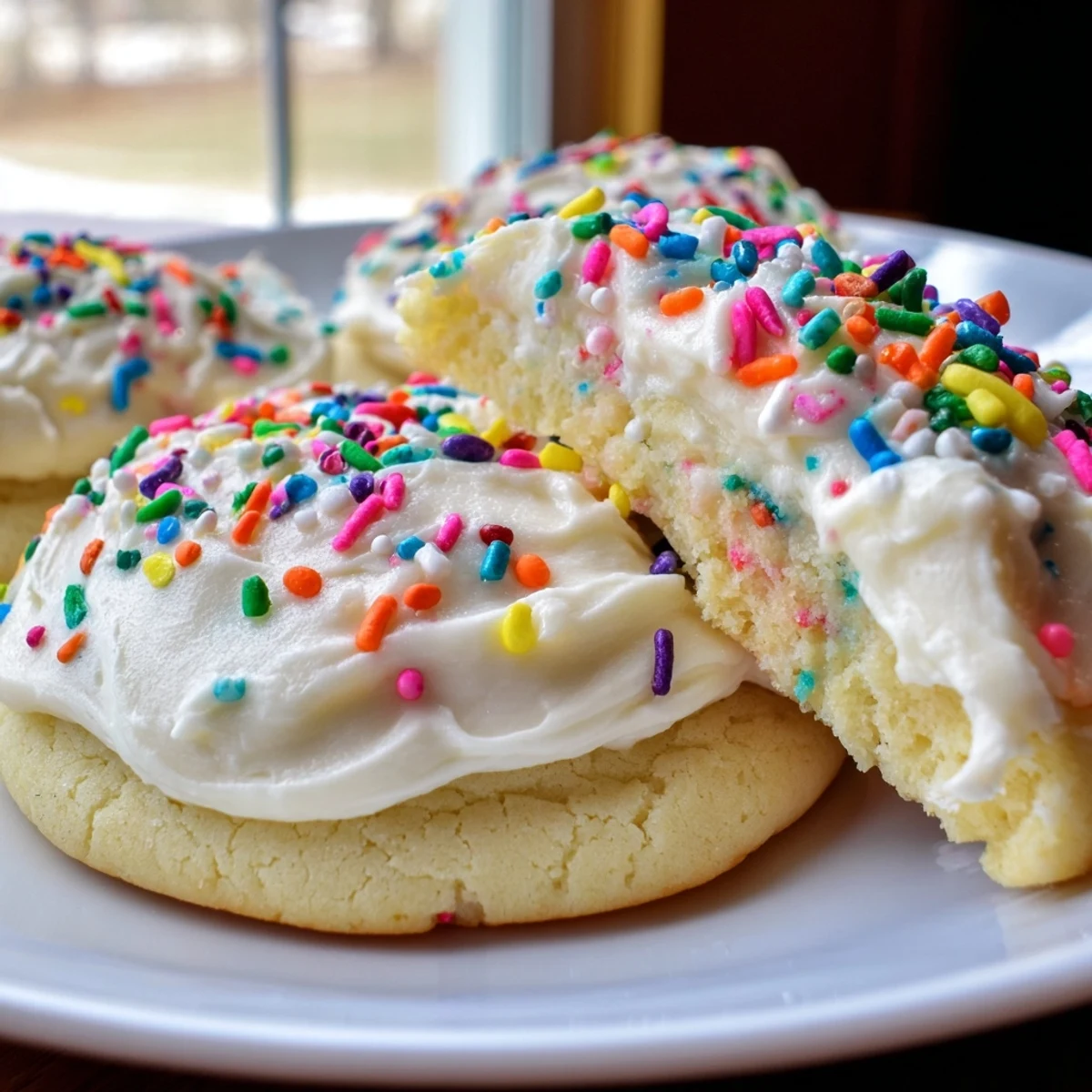 A platter of Soft Sour Cream Sugar Cookies With Cream Cheese Frosting ready to serve, with glasses of cold milk nearby.