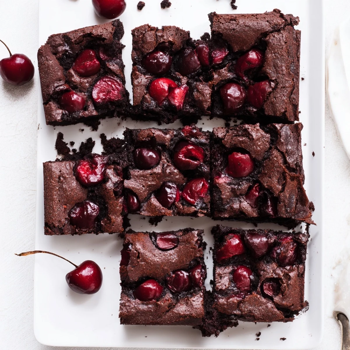 A close-up of Roasted Cherry Brownies showing juicy roasted cherries in every slice, ready to enjoy with a cold glass of milk.
