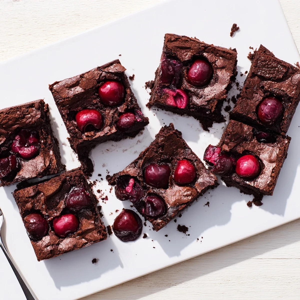 Fudgy chocolate Roasted Cherry Brownies with glistening roasted cherries on top, served warm beside a scoop of vanilla ice cream.