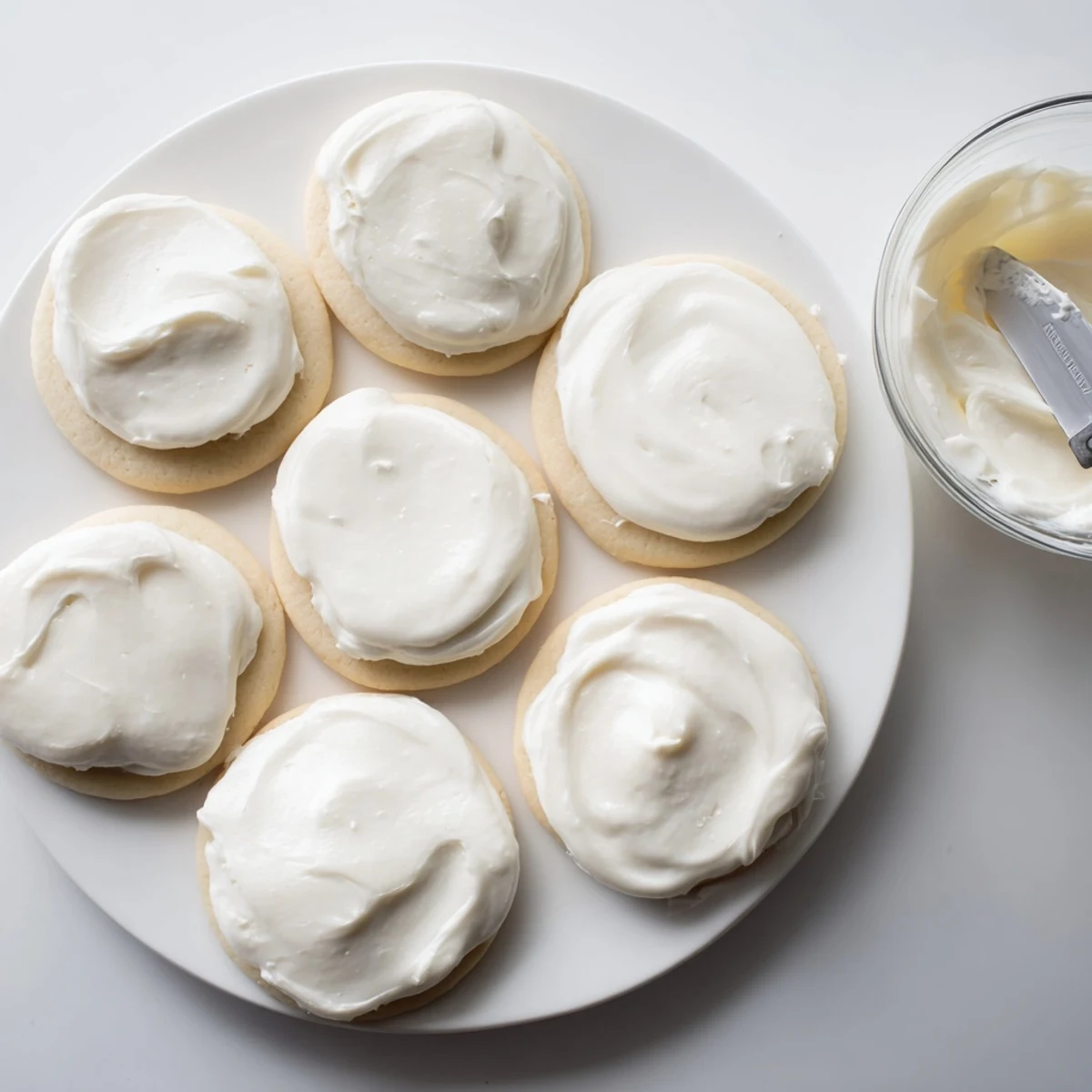 Creamy white Easy Sugar Cookie Frosting in a bowl, with a wooden spoon and vanilla extract nearby for an easy frosting recipe.