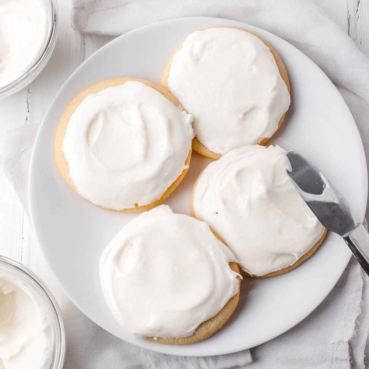 A spoonful of Easy Sugar Cookie Frosting spreading smoothly over a decorated sugar cookie on a cooling rack, showing glossy texture.