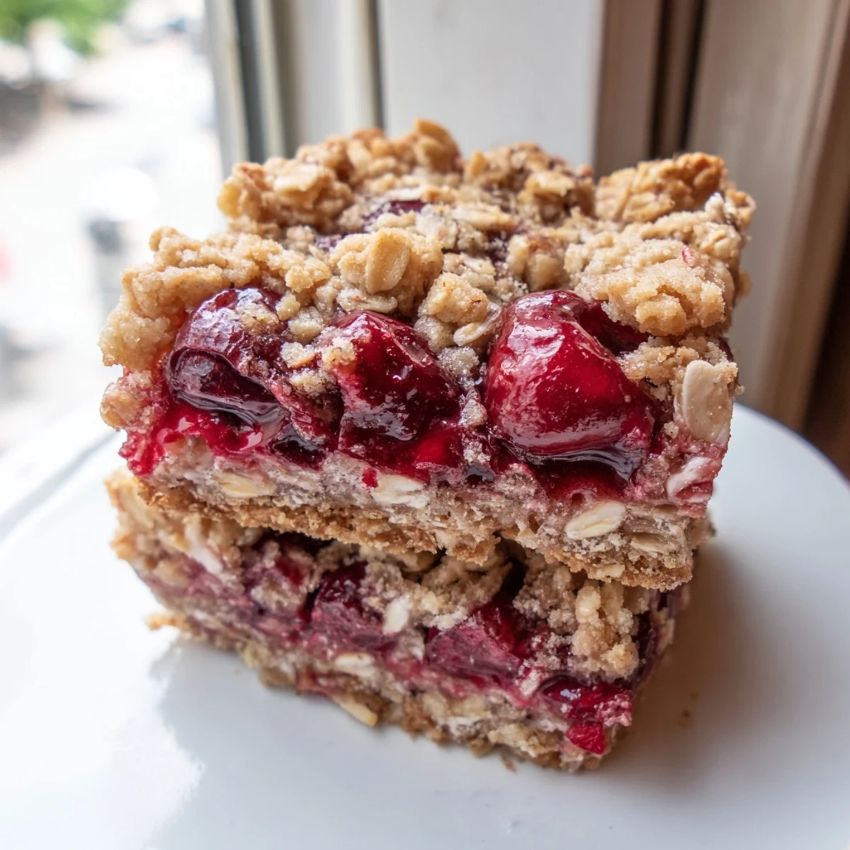 Crumbly Easy Tasty Cherry Crumble Bars served warm, perfect with a scoop of vanilla ice cream.