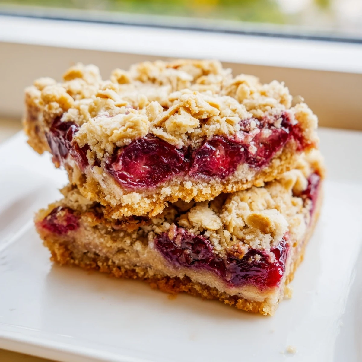 Golden-brown Easy Tasty Cherry Crumble Bars with a bubbling, vibrant red cherry filling.