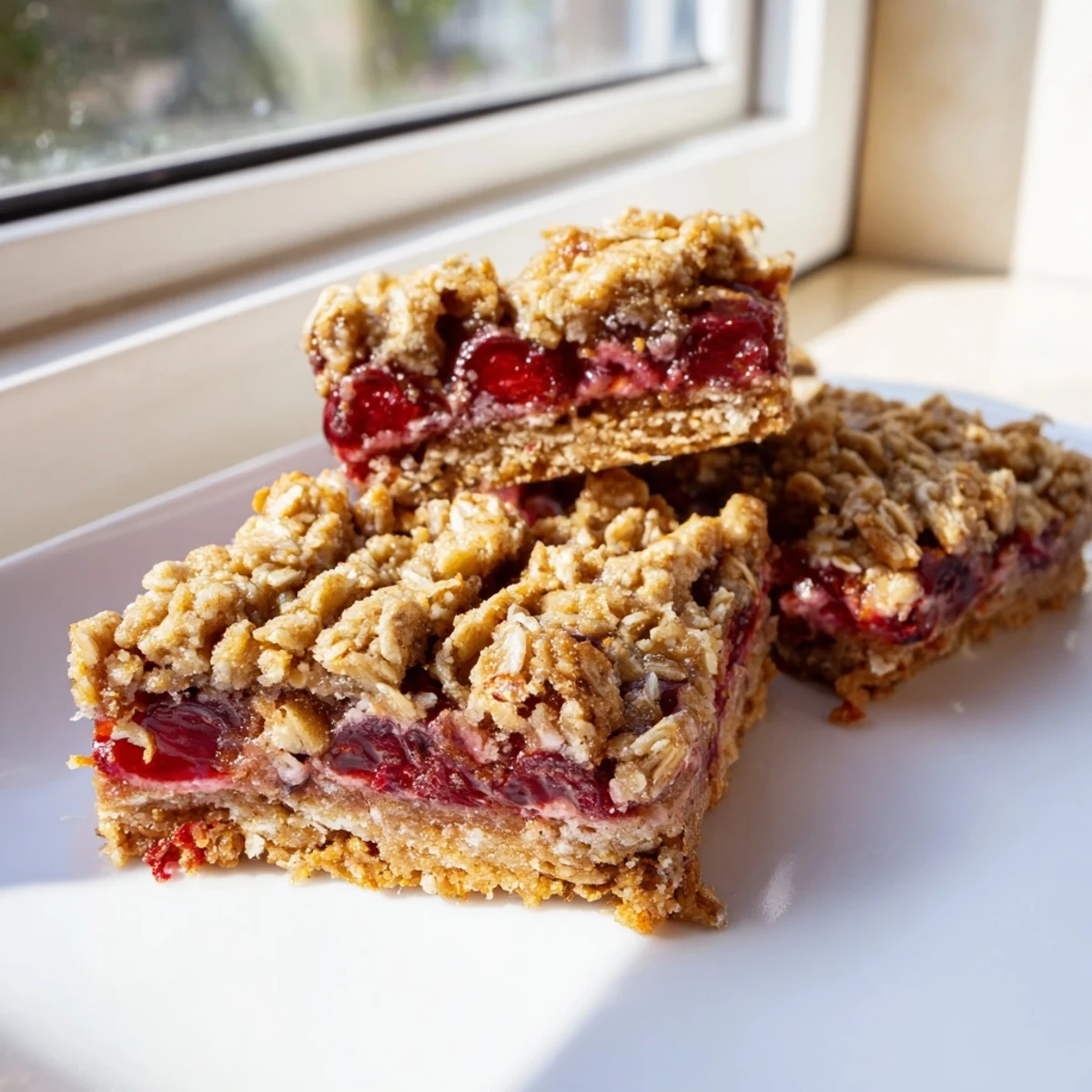 Parchment-lined pan holding baked Easy Tasty Cherry Crumble Bars with an oat crumble topping.